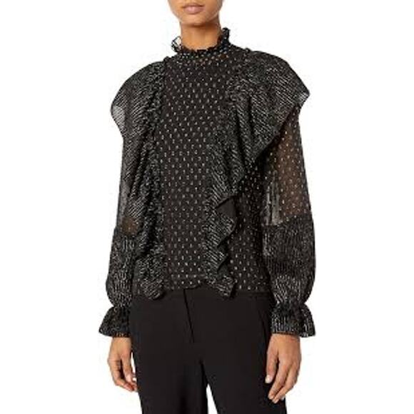 Rachel Zoe Sienna Black Gold Ruffle Fil Coupe Long Sleeve Blouse F18T281 Small 4 - Picture 3 of 7